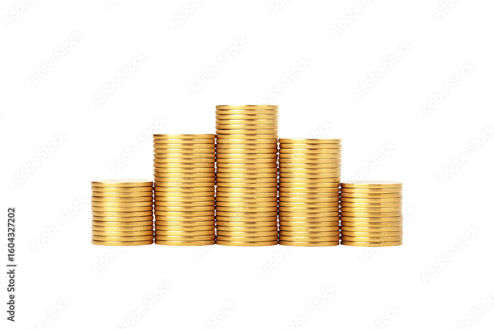 Aufkleber five stacks of golden coins arranged in ascending height order creating a pyramid formation of curre