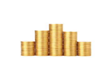 Five stacks of golden coins arranged in ascending height order creating a pyramid formation of currency, isolated on a transparent background