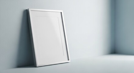 Empty White Vertical Poster Frame in Minimalist Blue Room Mockup