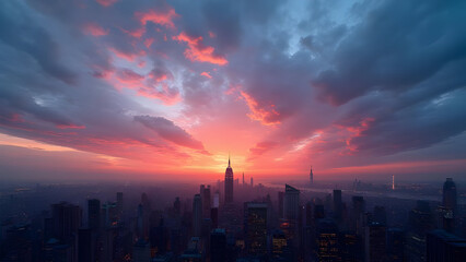 Fototapeta premium Surreal Sunset Skyline Over Futuristic Cityscape