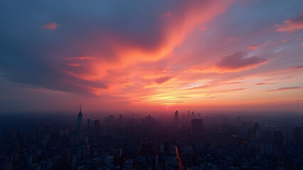 Surreal Sunset Skyline Over Futuristic Cityscape