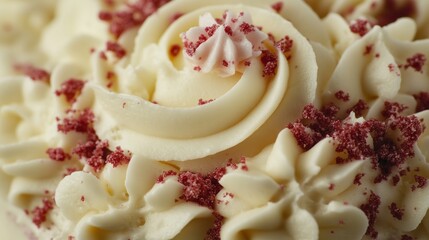 Close-up of a swirled buttercream cake decorated with pink icing and red sprinkles