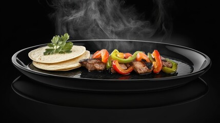 Spicy grilled meat and peppers on a black plate, tortilla, steam