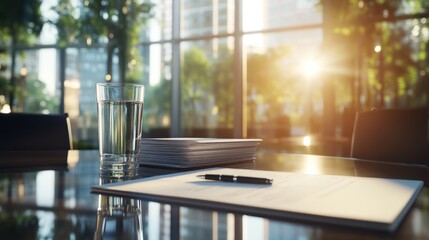 Office meeting table with documents, water glass, and pen. Sunlight streams through windows