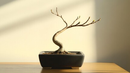 Small bonsai tree in pot, sunlight casts shadows