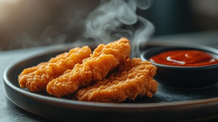 Crispy fried chicken tenders, steaming hot, with dipping sauce