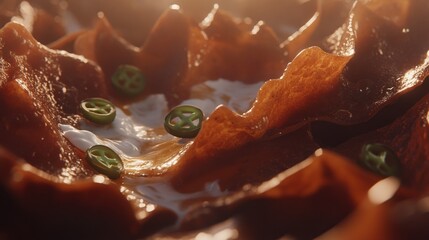 Close-up of rich, textured food with vibrant green peppers