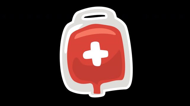 Animated blood bag with white cross suitable for medical concepts, blood donation campaigns, hospital educational materials, first aid advertisements, healthcare presentations