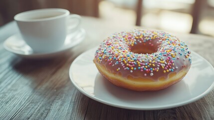 Iced donut on plate with coffee cup