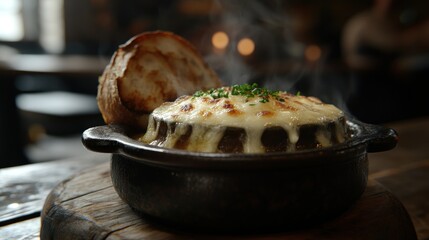A steaming bowl of gratin, topped with melted cheese and herbs, rests on a wooden surface in a warm interior