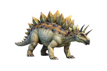 Fototapeta premium Detailed 3D Stegosaurus model with blue-gray skin tones, prominent dorsal plates, and characteristic defensive spines, isolated on a transparent background