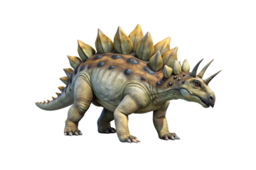 Detailed 3D Stegosaurus model with blue-gray skin tones, prominent dorsal plates, and characteristic defensive spines, isolated on a transparent background
