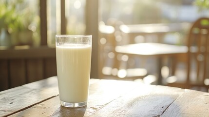 Glass of milk on a wooden table outdoors, sunlit