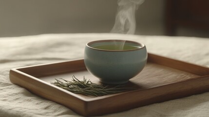 Steaming cup of green tea on wooden tray
