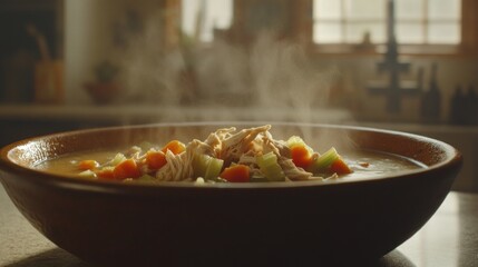 Steam rises from a bowl of chicken soup, featuring vegetables and chicken