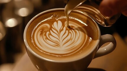 Latte art being created in a cup