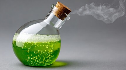 Green liquid in a glass bottle with a cork stopper. The bottle is emitting steam