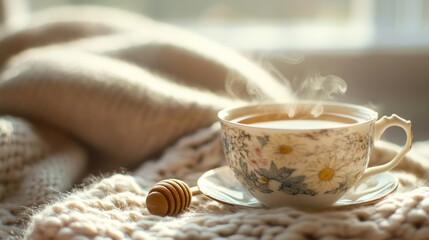Cozy teacup steaming on a knitted blanket by a window