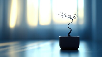 Silhouette bonsai tree in a dark pot, bathed in soft light, near a window