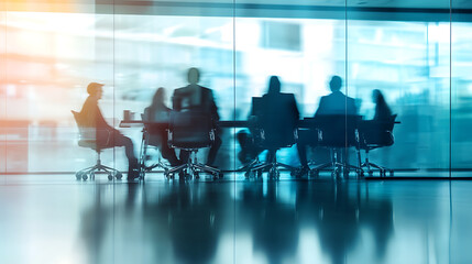  Confidential meeting taking place in a glass conference room, with blurred figures (2)