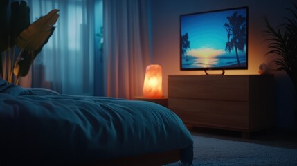 Cozy bedroom at night, TV shows tropical sunset