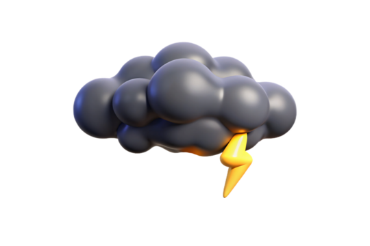 Dark gray storm cloud with bright orange-yellow lightning bolt, dramatic weather illustration in 3D, isolated on a transparent background