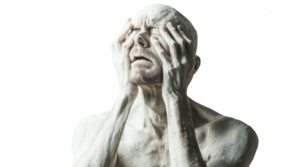 Emotionally charged figure expressing deep anguish under bright lighting in a stark, minimalist setting on transparent background