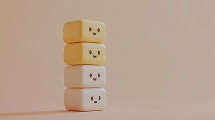 Three stacks of yellow and white cubes with happy faces