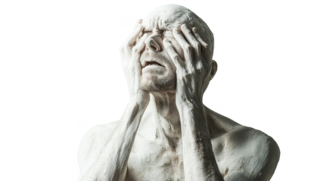 Emotionally charged figure expressing deep anguish under bright lighting in a stark, minimalist setting on transparent background