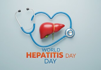 World hepatitis day awareness campaign featuring a stethoscope forming a heart around a human liver illustration