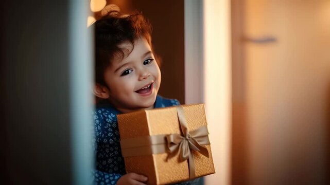 Joyful child with gift box by glow of string lights in cozy home setting