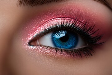 Obraz premium Woman's blue eye with sparkling pink makeup and long lashes
