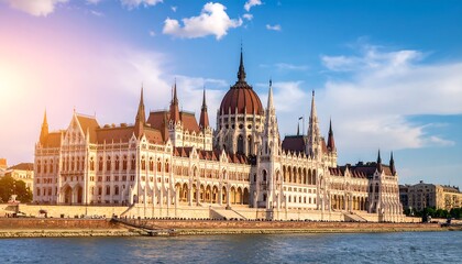 Hungarian Parliament Building on the Danube River under a sunny blue sky