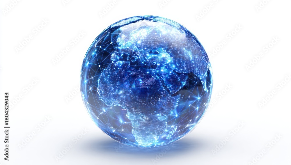 Poster glowing blue sphere depicting the world map with interconnected network lines symbolizes global conn
