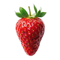 Single, ripe strawberry, vibrant red skin, green leaves