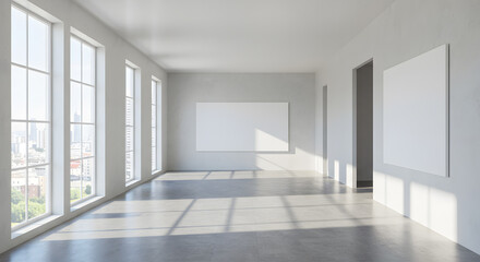 Fototapeta premium Modern exhibition interior with panoramic window frame and city view, daylight and white mock up poster on wall. Gallery and museum concept. 3D Rendering