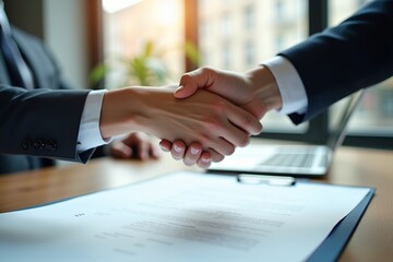 A close-up of a handshake over a contract on a modern desk, perfect for business or legal ads