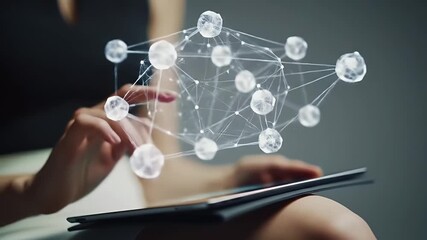 Woman Interacts with 3D Network on Tablet with Polished Nails Wearing Black Top and White Skirt In a Softly Lit Neutral Setting