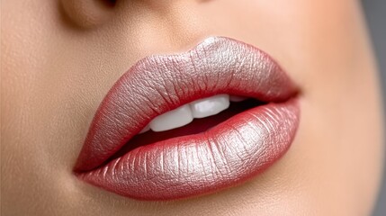 Fototapeta premium Close-Up Macro Shot of Alluring Red Lips with Metallic Shine and Perfect Shape, Beautiful Skin