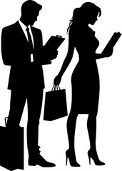 Businessman and woman shopping while reviewing plans in silhouette,  couple grocery listing 
