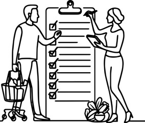 Man and woman organizing grocery list and shopping together ,couple grocery listing