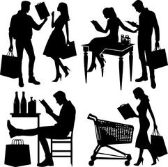 Silhouettes of people shopping and reading in various settings , couple grocery listing