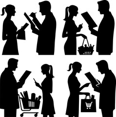 Silhouette of people shopping, checking lists, and making purchases, couple grocery listing  