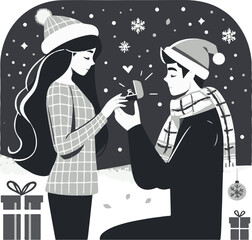 Woman proposing engagement to man in snowy winter scene with gifts . Christmas Eve proposal.