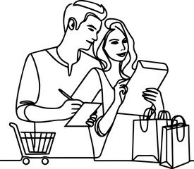 Young couple shopping together while checking a shopping list. Couple grocery listing 