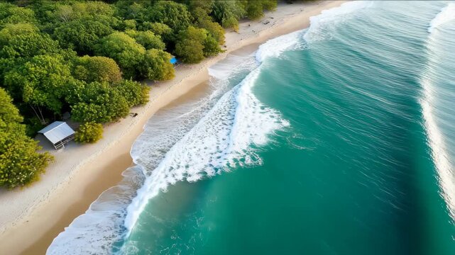 Aerial view of waves gently crashing on tropical beach with lush greenery