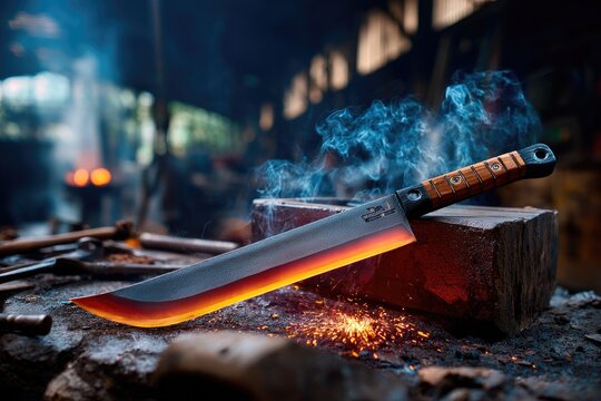 A machete forged from glowing red-hot metal, still emitting wisps of smoke and faint sparks
