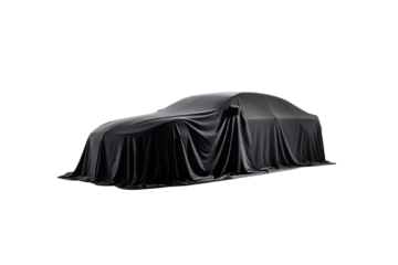 Black luxury sedan car completely covered with dark cloth drape for mystery reveal presentation, isolated on a transparent background