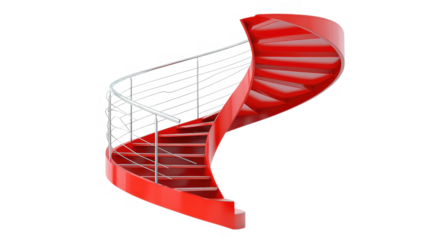 Modern spiral staircase with a vibrant red finish and sleek metal railing showcased in a contemporary interior setting on transparent background
