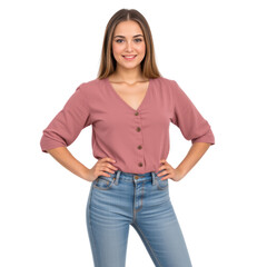 Obraz premium Beautiful young woman in a dusty rose blouse and jeans, confident pose, standing on transparent background